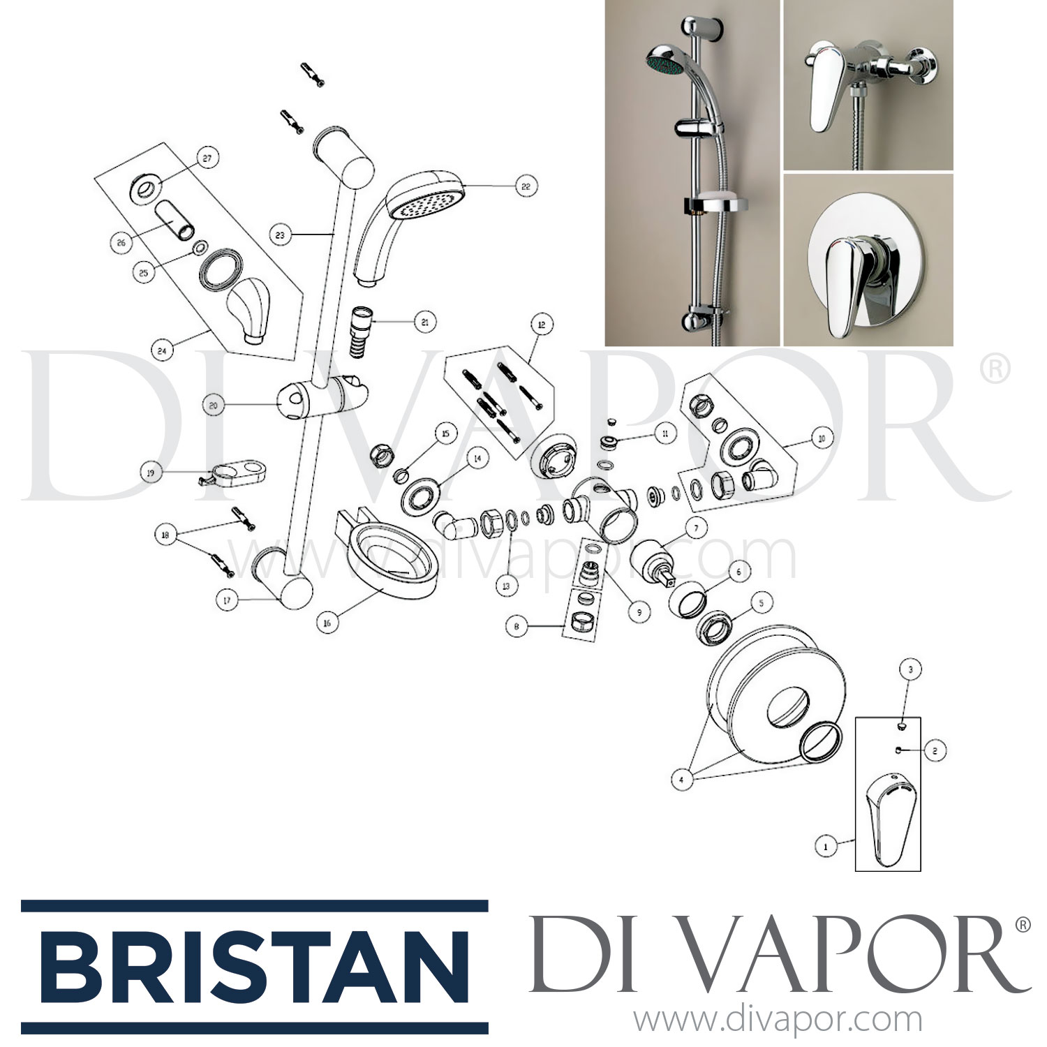 Bristan Jute Manual Shower Valve with Adjustable Riser Spare Parts BR